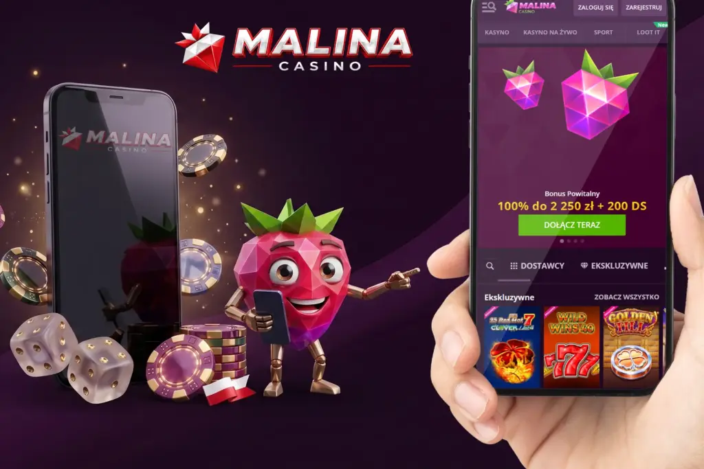 Aplikacja mobilna Malina Casino w dłoni gracza, obok maskotka w kształcie maliny ze smartfonem, żetony i kostki do gry